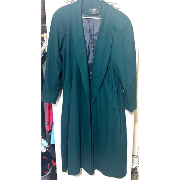 Vintage Portrait 100% Wool Coat Forest Green Sz 14 Petite Long belted FLAWS - Picture 2 of 15